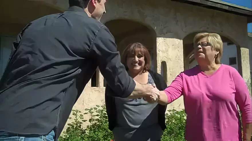 Rose and Arlene meeting with Doug outside their San Bernardino home