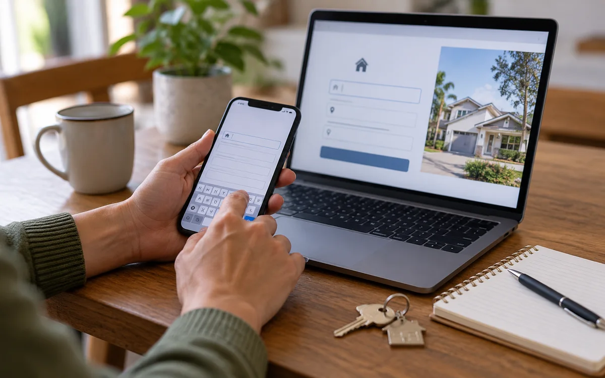 Illustrative homeowner entering a property address on a phone beside an online form
