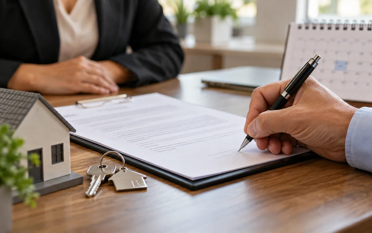 Illustrative signing of closing paperwork beside house keys and a calendar