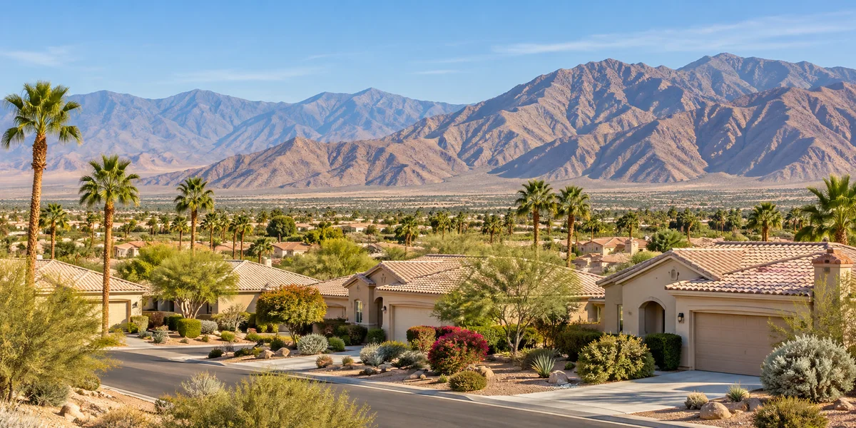 Illustrative Coachella Valley-style desert neighborhood with tile-roof homes, palms and rugged mountains