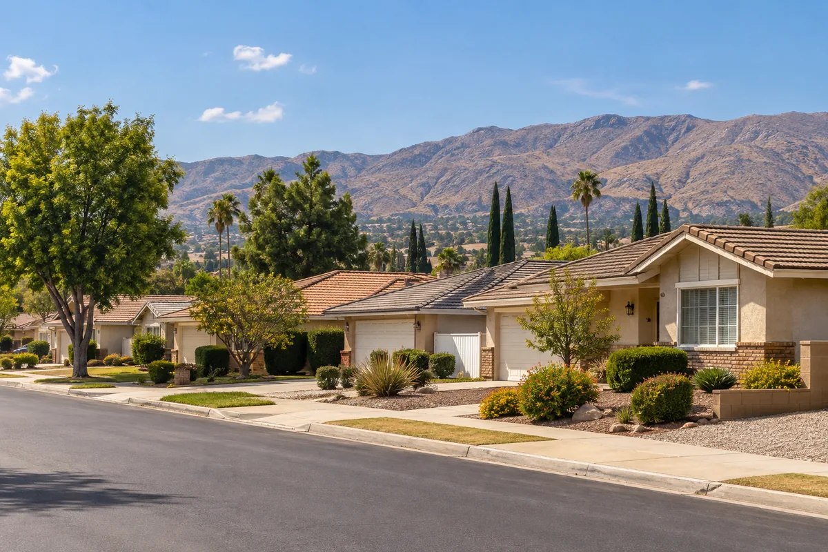 Illustration of single-story homes and mountain scenery typical of the Hemet area