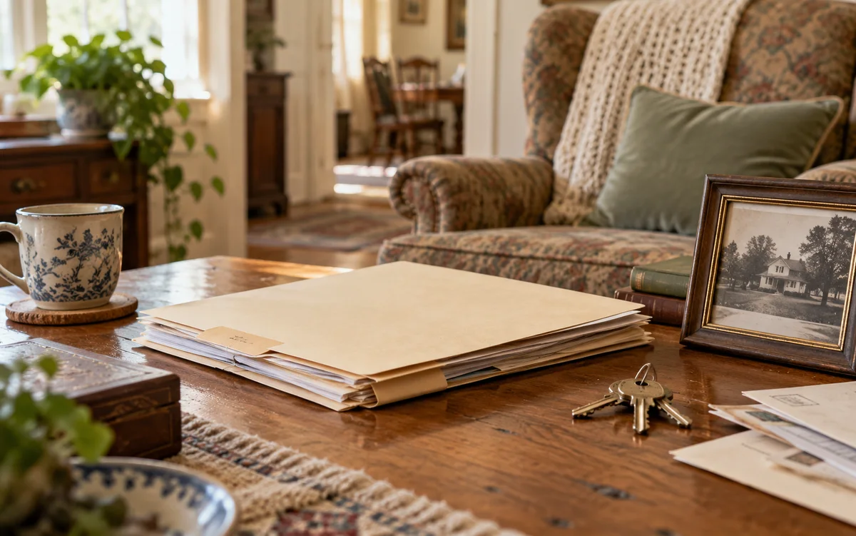 Illustrative inherited-home paperwork beside house keys and a framed family photograph