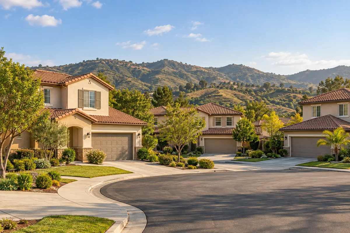 Illustration of stucco homes and rolling hills typical of the Murrieta area