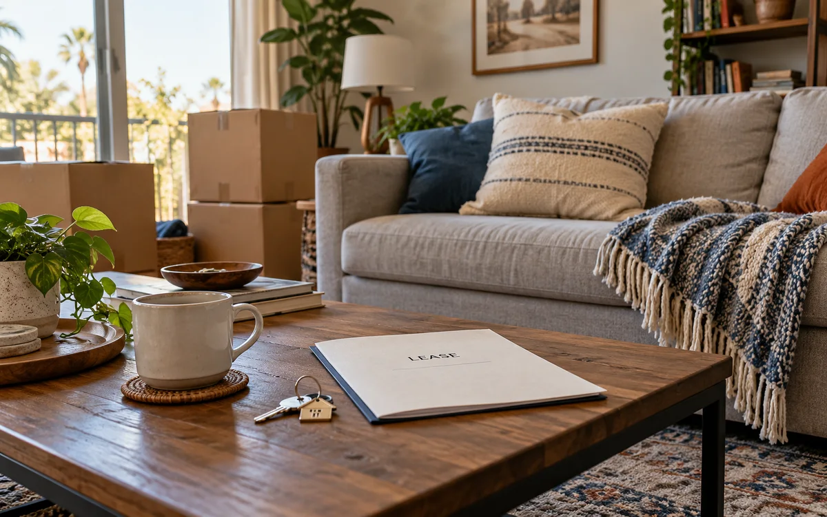 Illustrative lived-in rental with a sofa, moving boxes, lease folder and house keys