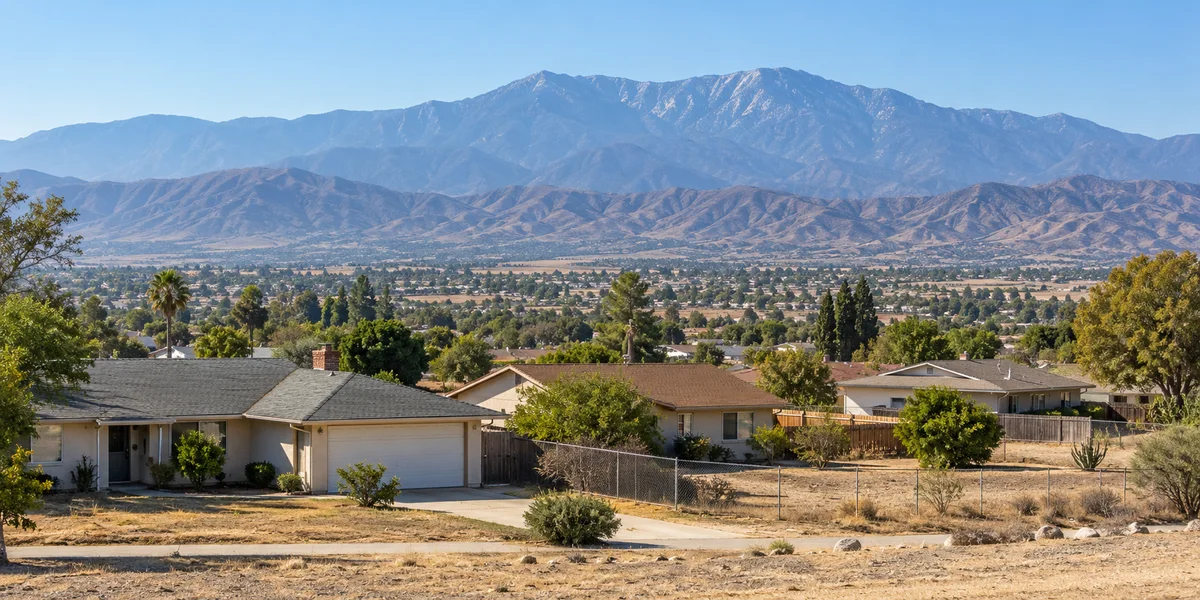 Illustrative Pass and San Jacinto Valley-style ranch homes with open valley land and distant mountains