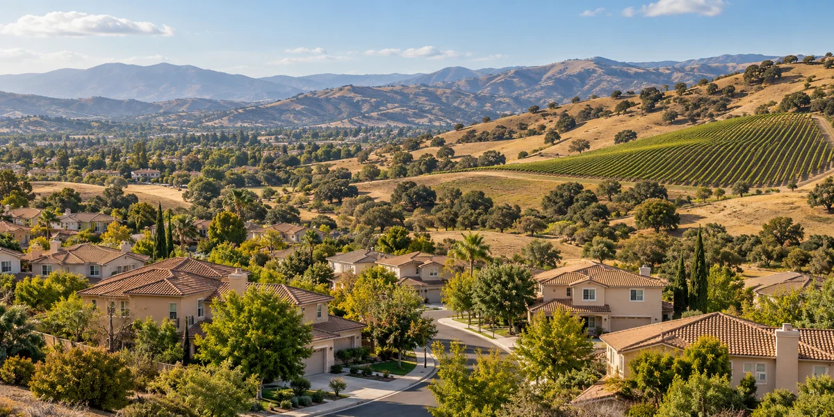Illustrative southwest Riverside County-style homes beside rolling hills, oak trees and vineyard rows