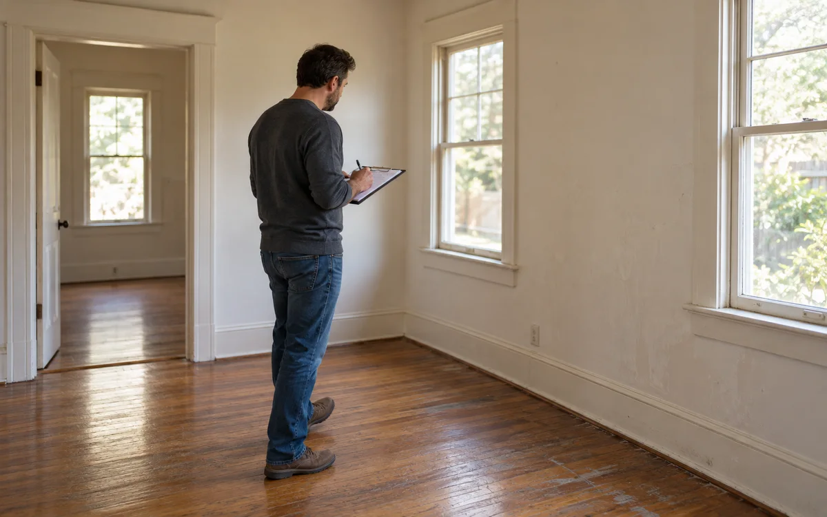 Illustrative property walkthrough with an inspector reviewing the room and taking notes