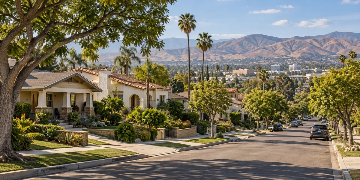 Illustrative western Riverside County-style neighborhood with older homes, shade trees and distant foothills