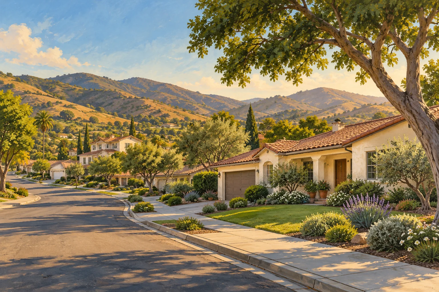 Illustration of a Corona-inspired residential street with stucco homes, mature trees and rolling foothills.