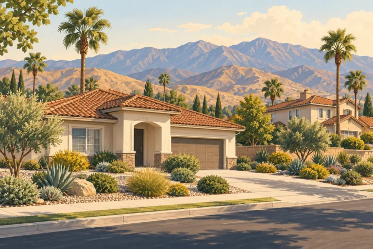 Illustration representing a Fontana, California neighborhood, with stucco homes, tile roofs, palms and mountain scenery.