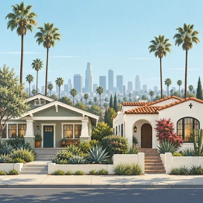 Illustration of Los Angeles neighborhood homes, palms and a distant skyline