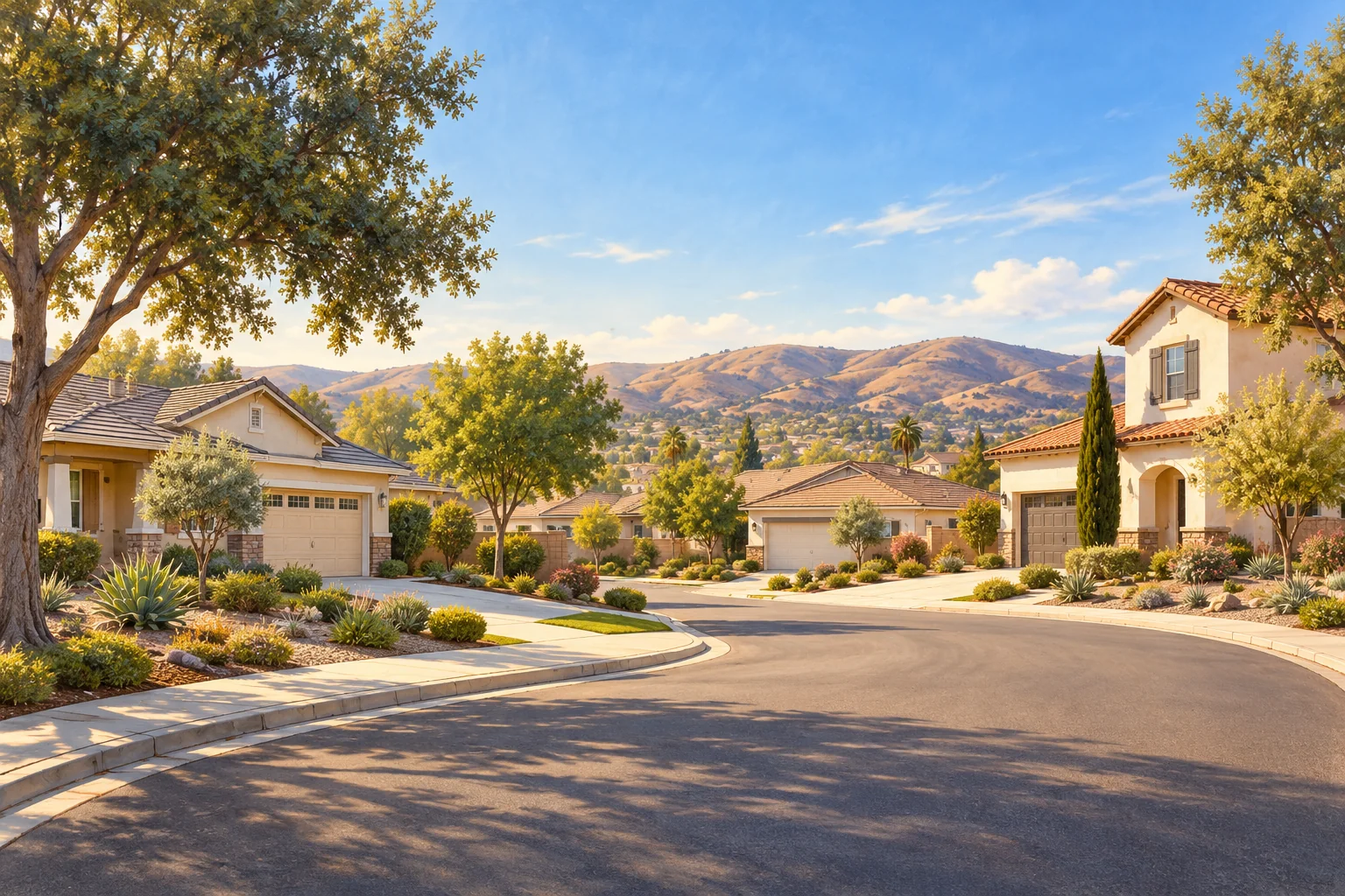 Illustration of a Menifee-inspired neighborhood with stucco homes, drought-tolerant landscaping and low rolling hills.