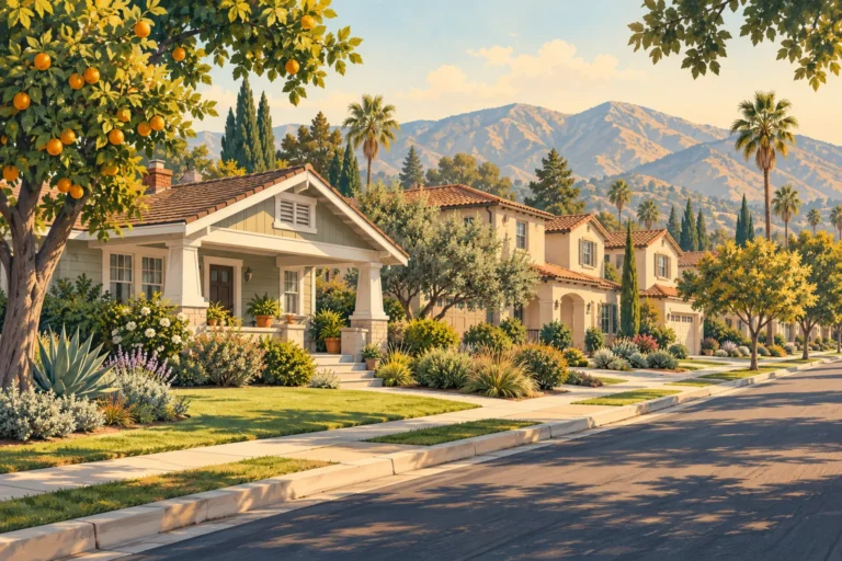 Illustration representing an Ontario, California neighborhood, with a bungalow, stucco homes, citrus trees and mountain scenery.
