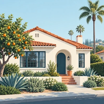 Illustration of an Orange County stucco home with a tile roof and citrus tree