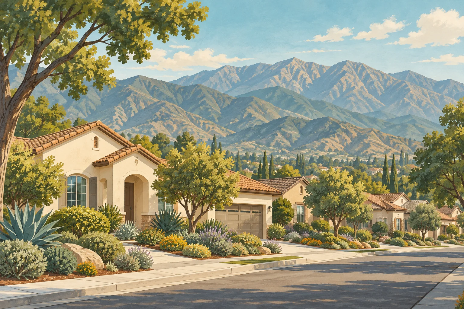 Illustration of a Rancho Cucamonga-inspired neighborhood with stucco homes, gardens and mountain scenery.