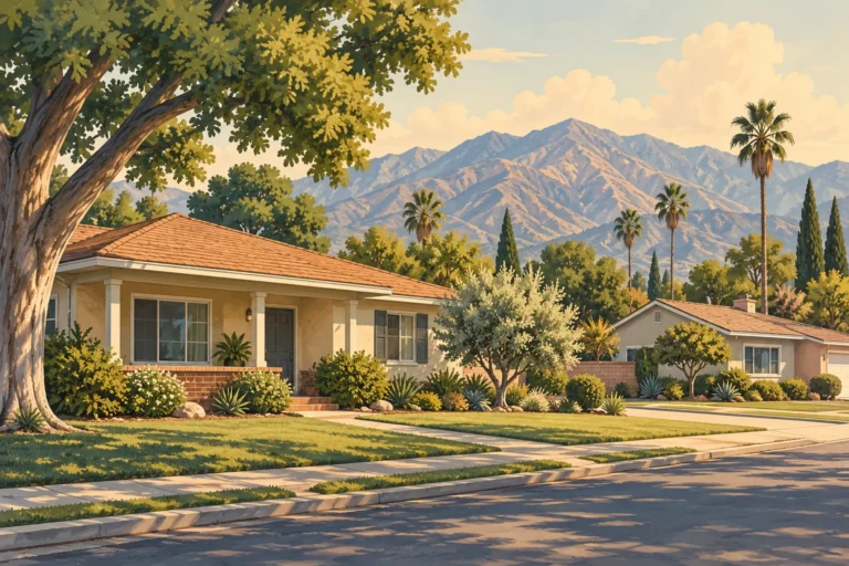 Illustration representing a Rialto, California neighborhood, with single-story homes, mature trees, palms and distant mountains.