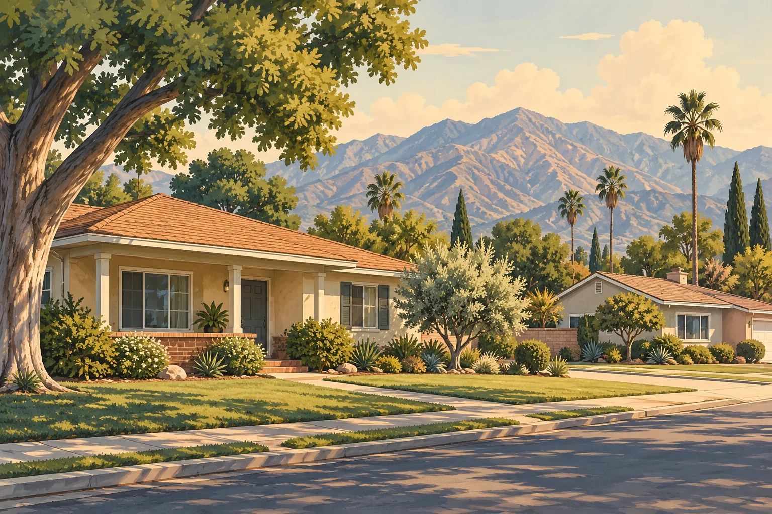 Illustration representing a Rialto, California neighborhood, with single-story homes, mature trees, palms and distant mountains.