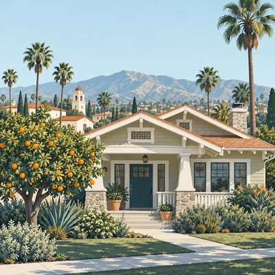 Illustration of a Riverside-style Craftsman home, citrus trees and foothills