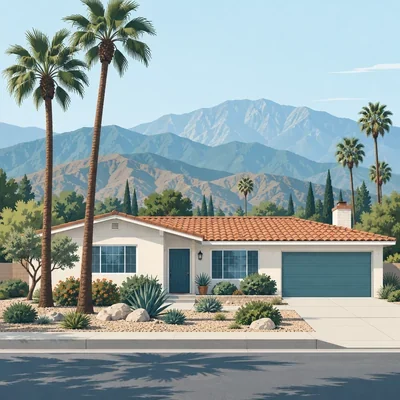 Illustration of a San Bernardino neighborhood home beneath mountain foothills