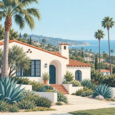 Illustration of a San Diego-style stucco home with palms and a coastal backdrop
