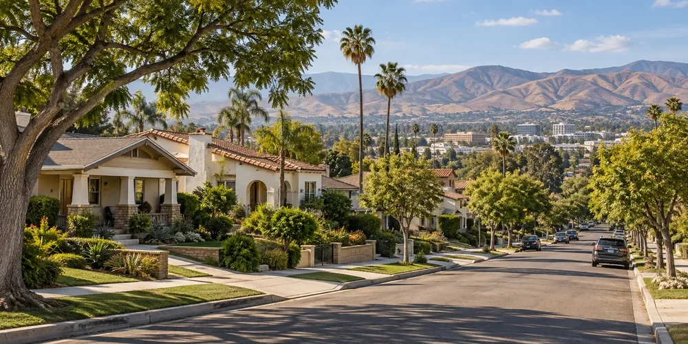 Illustration of Southern California homes, palms and foothills